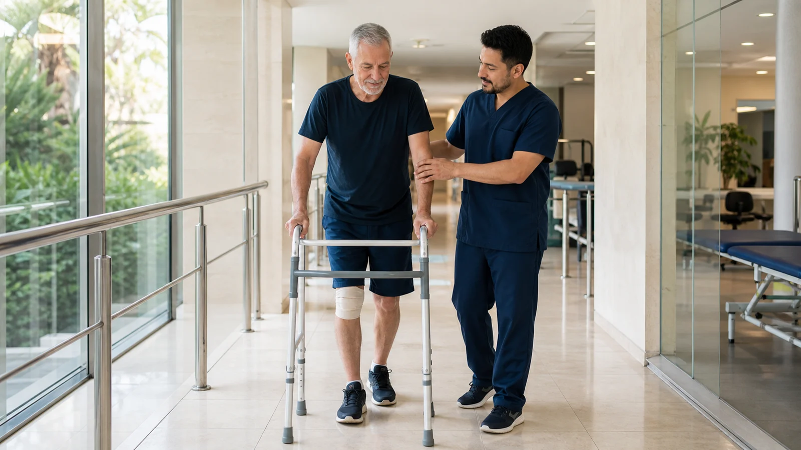 Patient beginning supervised walking rehabilitation after knee surgery