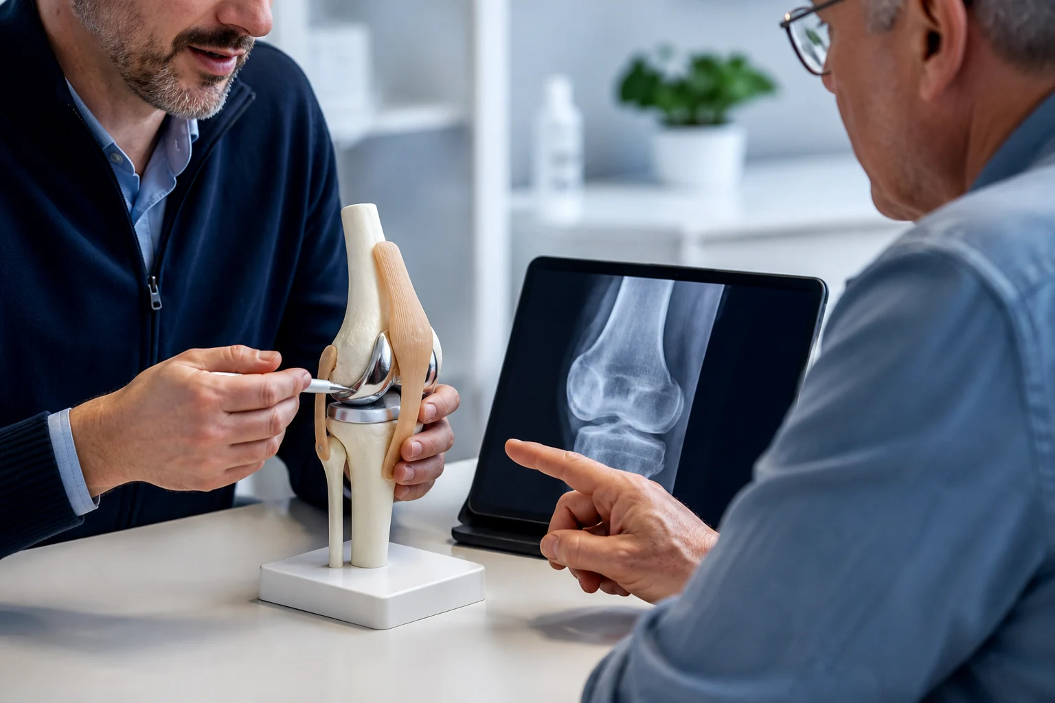 Specialist explaining knee replacement options using a knee model and medical imaging