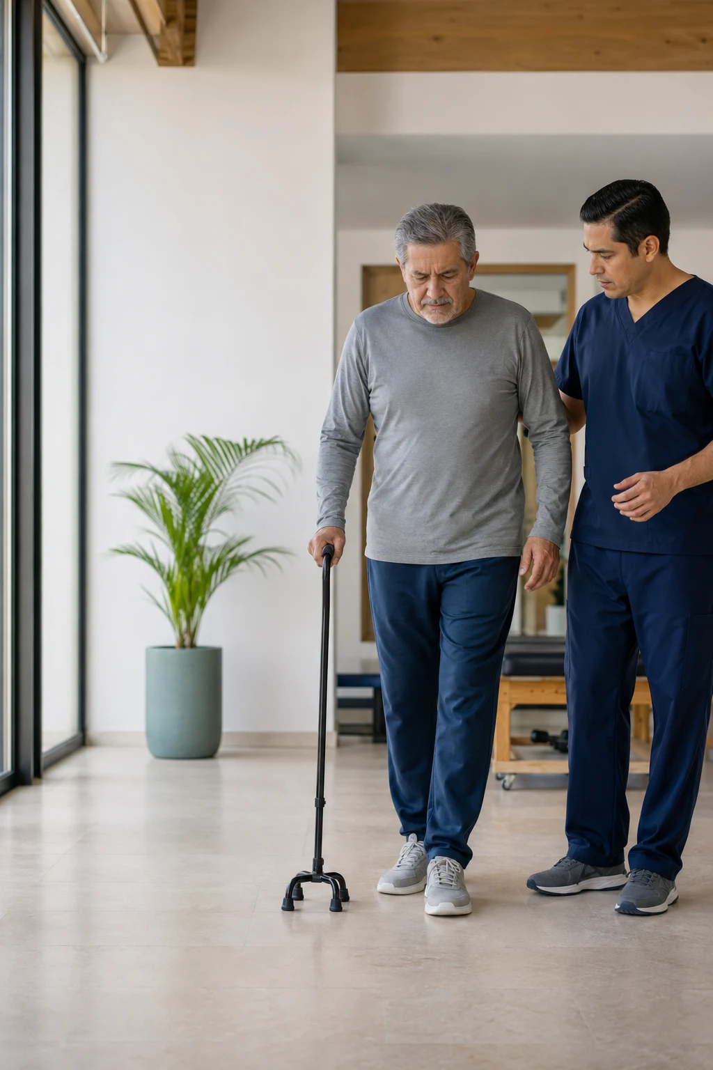 Illustrative scene of supported walking during hip rehabilitation