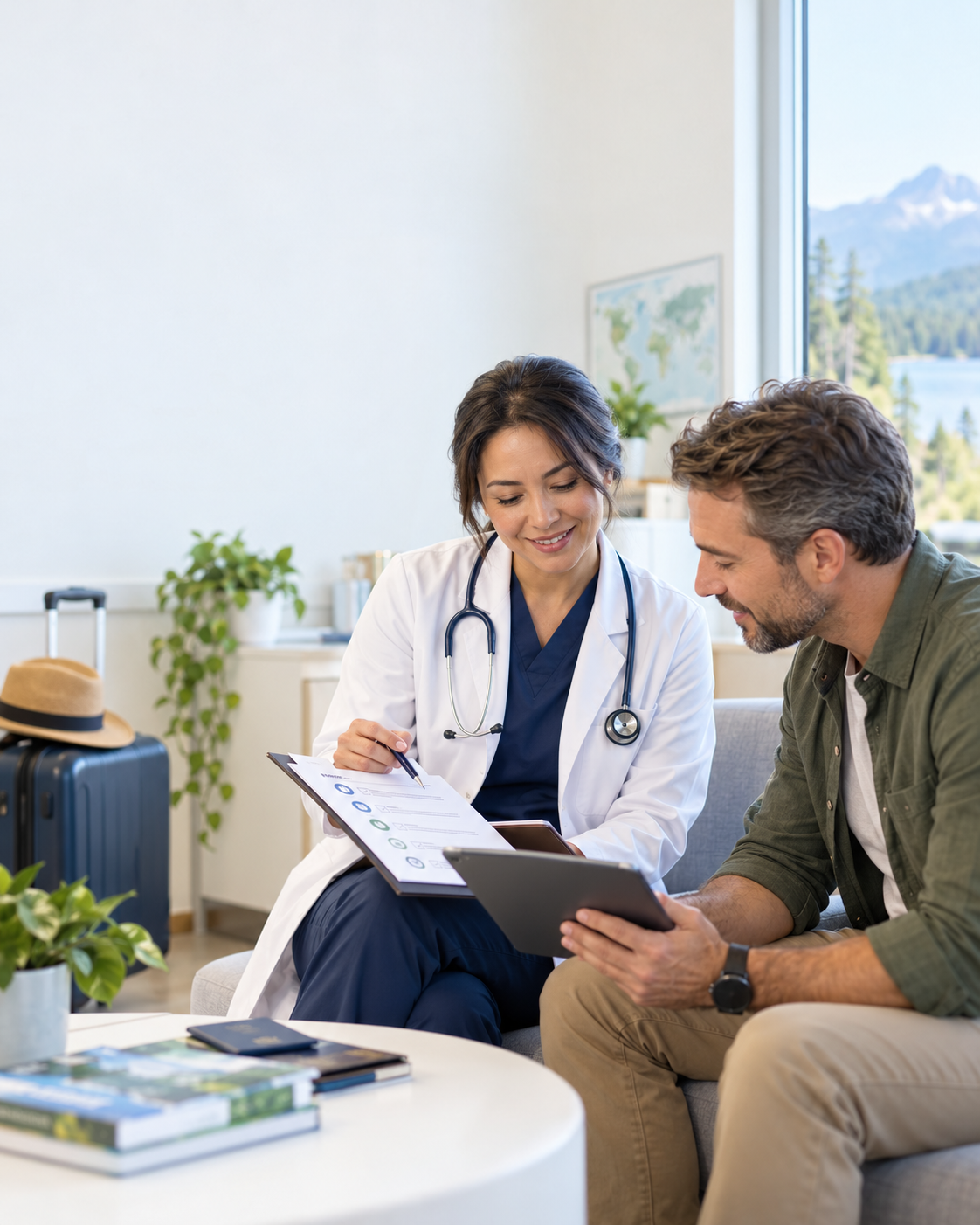 Canadian patient reviewing a medical travel checklist with a care coordinator